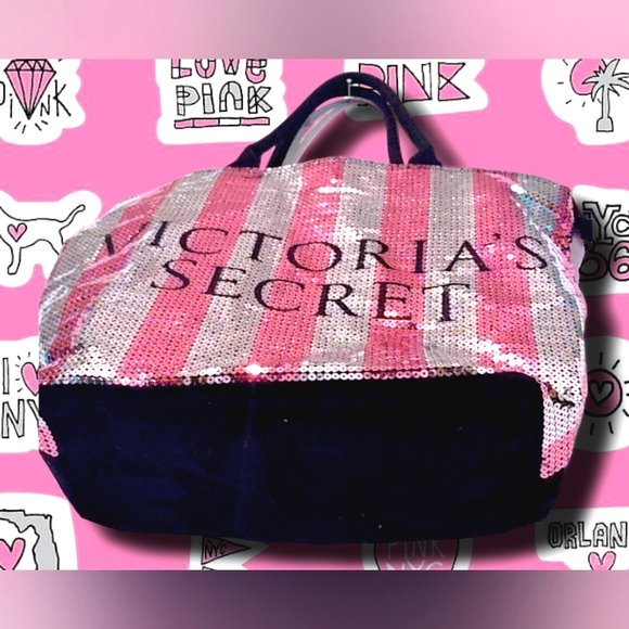Victoria's Secret Weekender Duffle Travel Bag🎒 Pink Bling Sequin Stripes - Picture 5 of 10